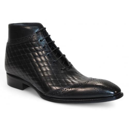 Duca Di Matiste "Lauro" Black Genuine Italian Calf Leather Quilt Print Ankle Boots.